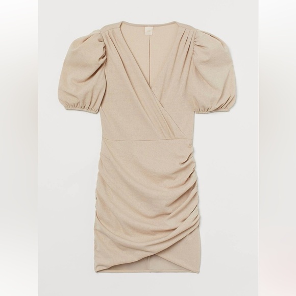 H&M NWOT Ruched Puff-sleeved Wrap Mini Dress - Picture 1 of 6
